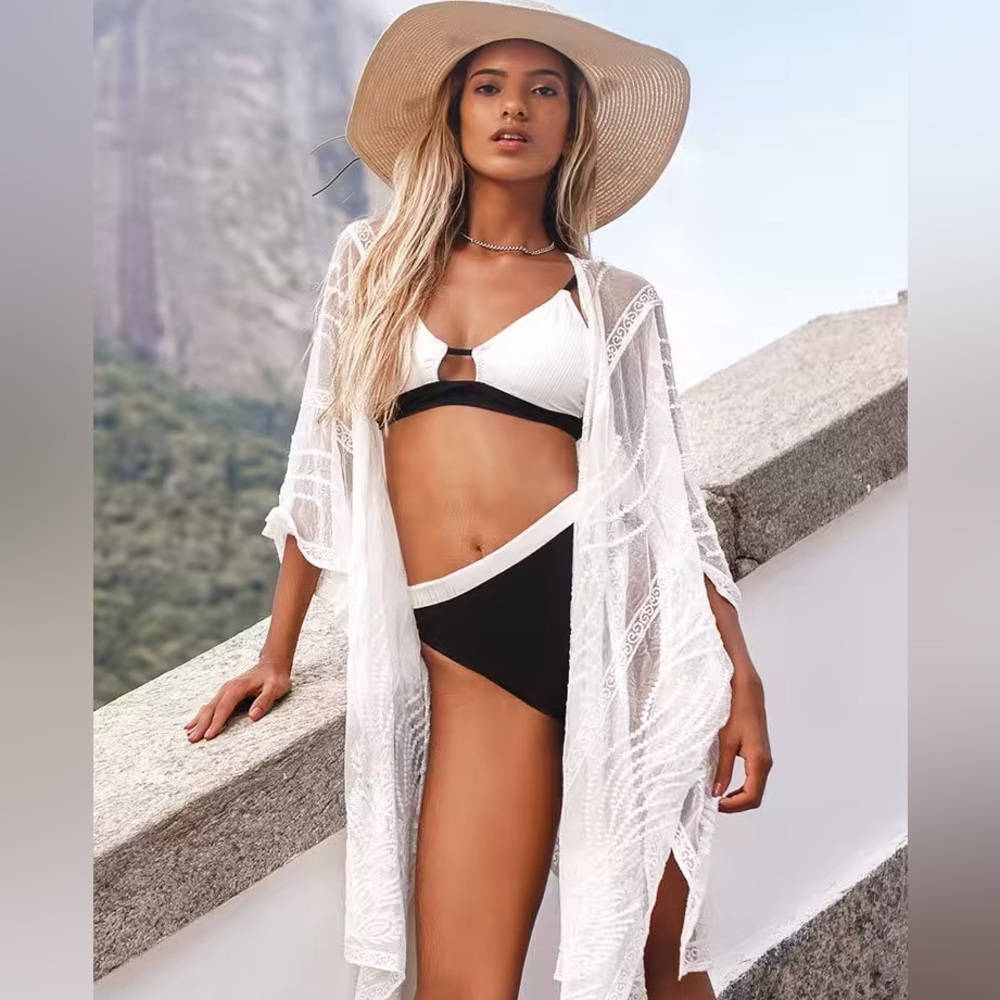 Cupshe Sheer Embroidery Kimono Cover Up White Size Small - Picture 3 of 8
